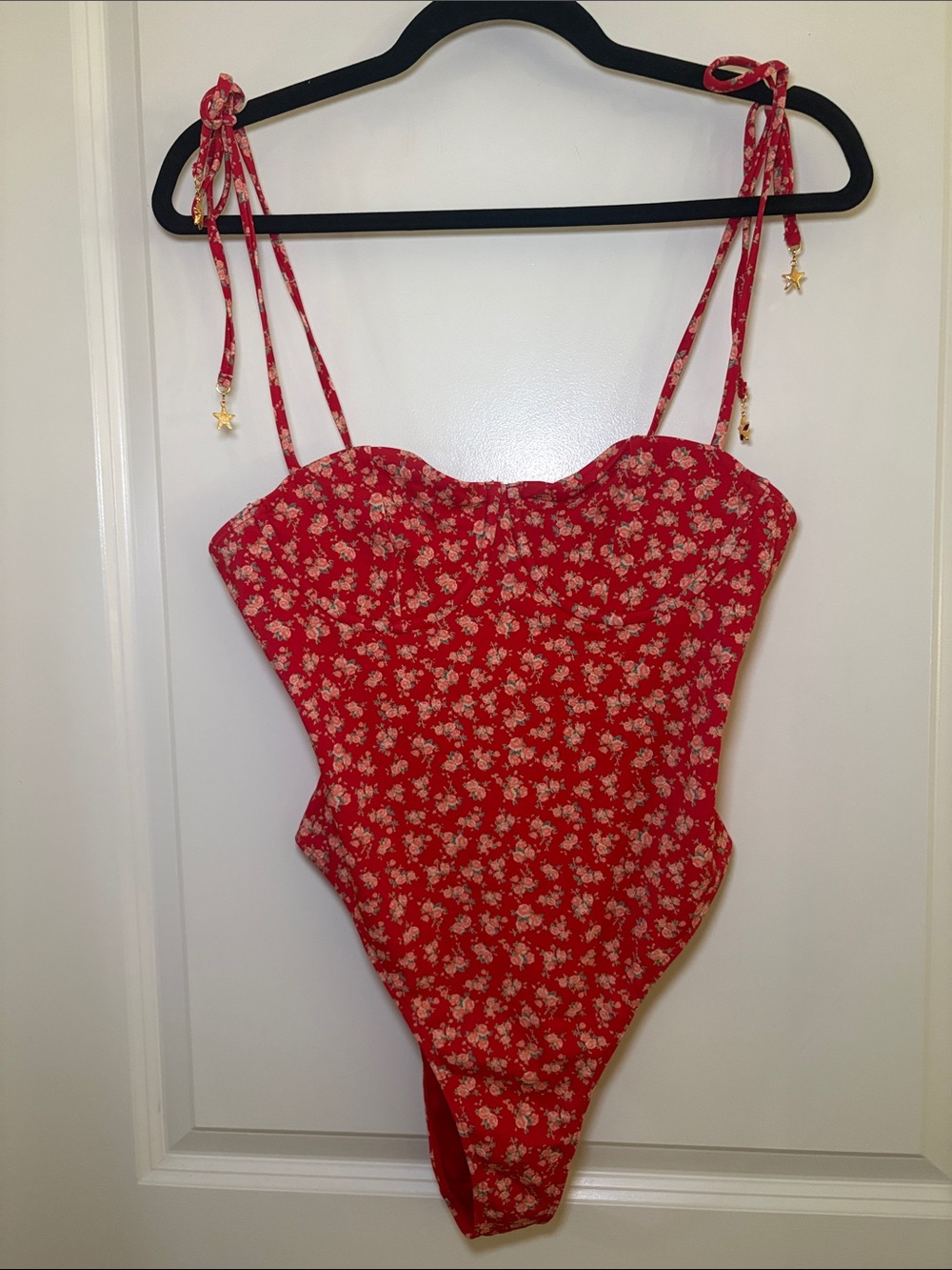 NWOT PacSun Red Floral Tie-Shoulder One-Piece Swimsuit with Gold Star Accents